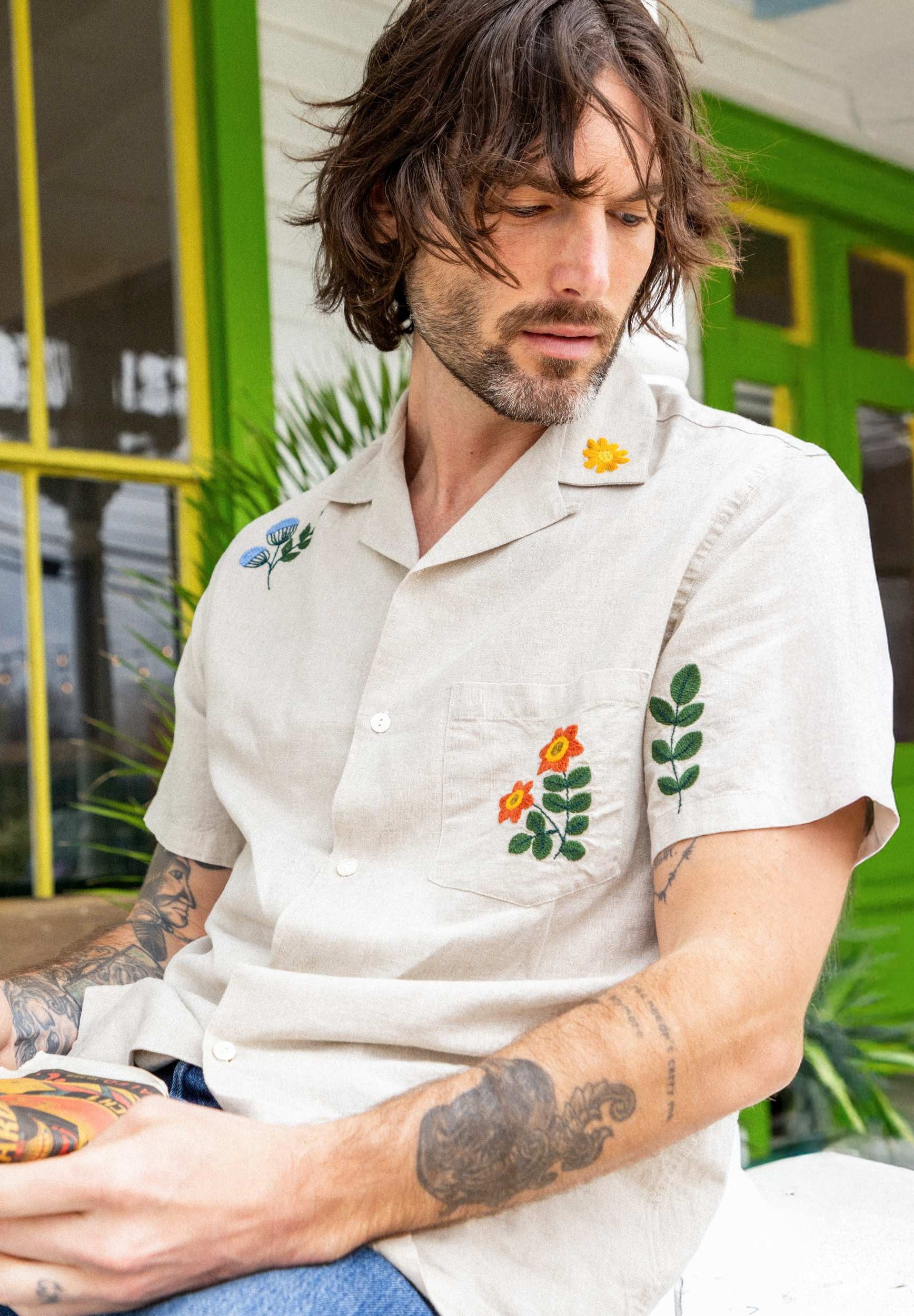 Print Linen Camp Shirt - Cream/Blue