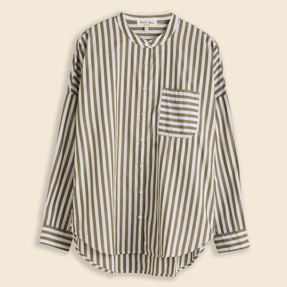 Alex Mill Collarless Standard Shirt in Wide Stripe - Olive/White