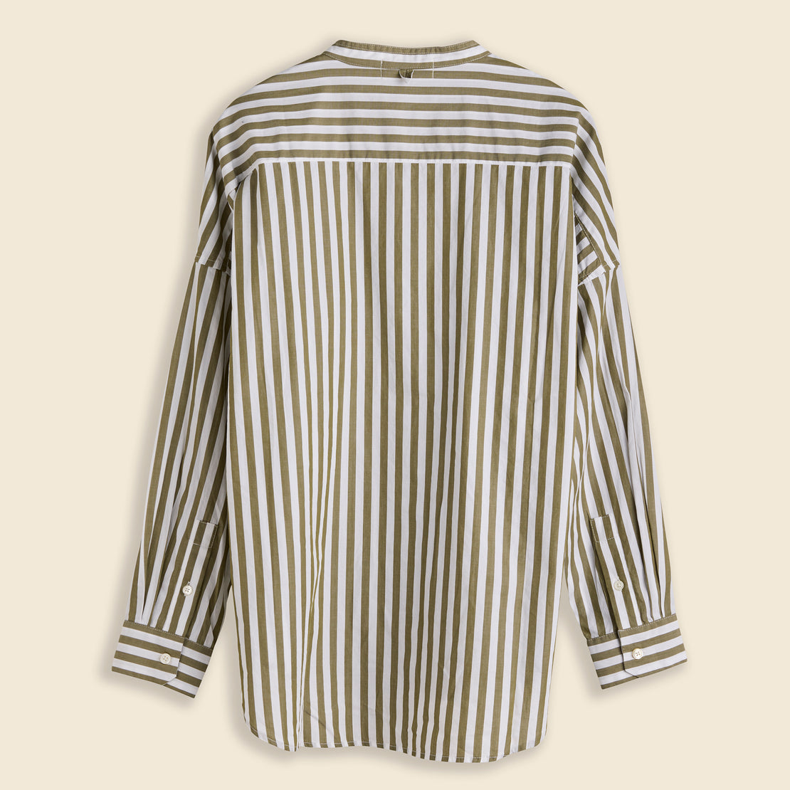Collarless Standard Shirt in Wide Stripe - Olive/White - Alex Mill - STAG Provisions - W - Tops - L/S Woven