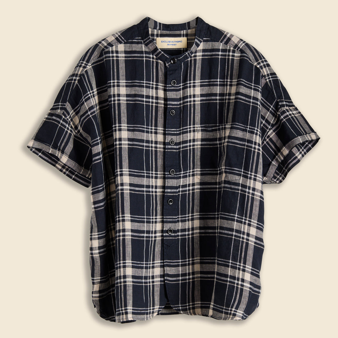 BEAMS BOY Oversized Linen Check S/S Shirt - Dark Navy