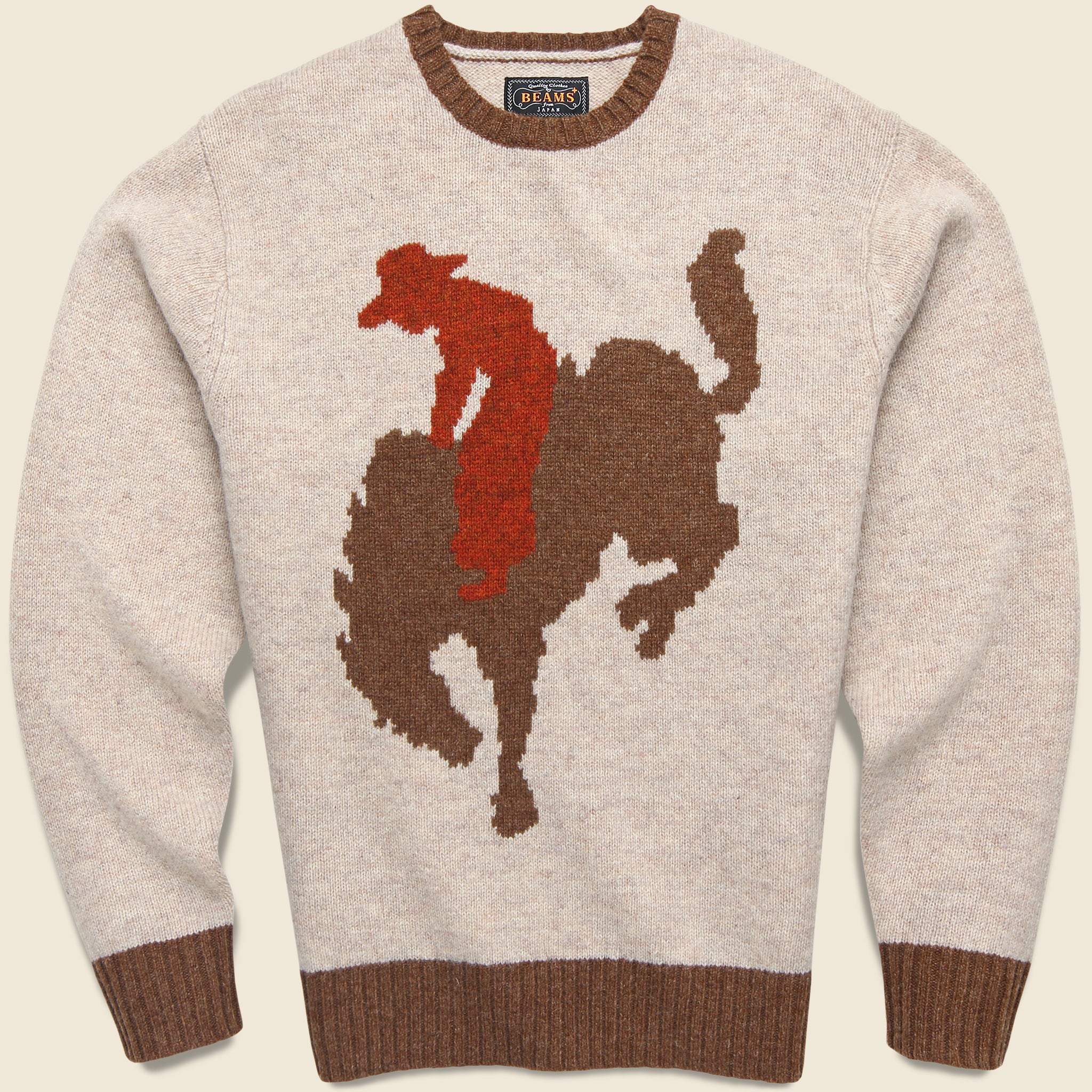 Intarsia Cowboy Crewneck Sweater - Beige