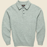 A light gray heather knit polo sweater with a three-button placket and a pointed collar.