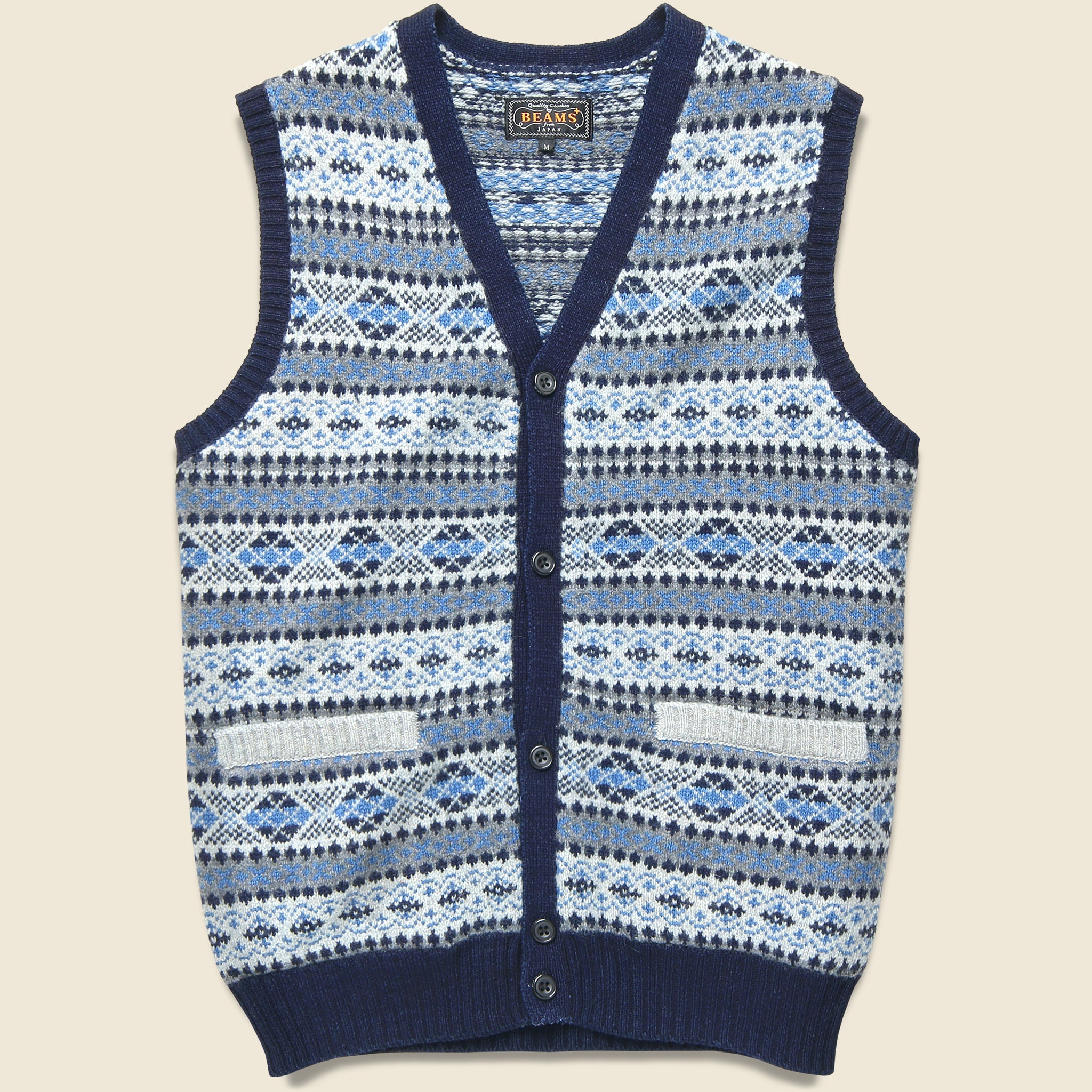 Button Knit Vest - Indigo Fair Isle - BEAMS+ - STAG Provisions - Tops - Sweater