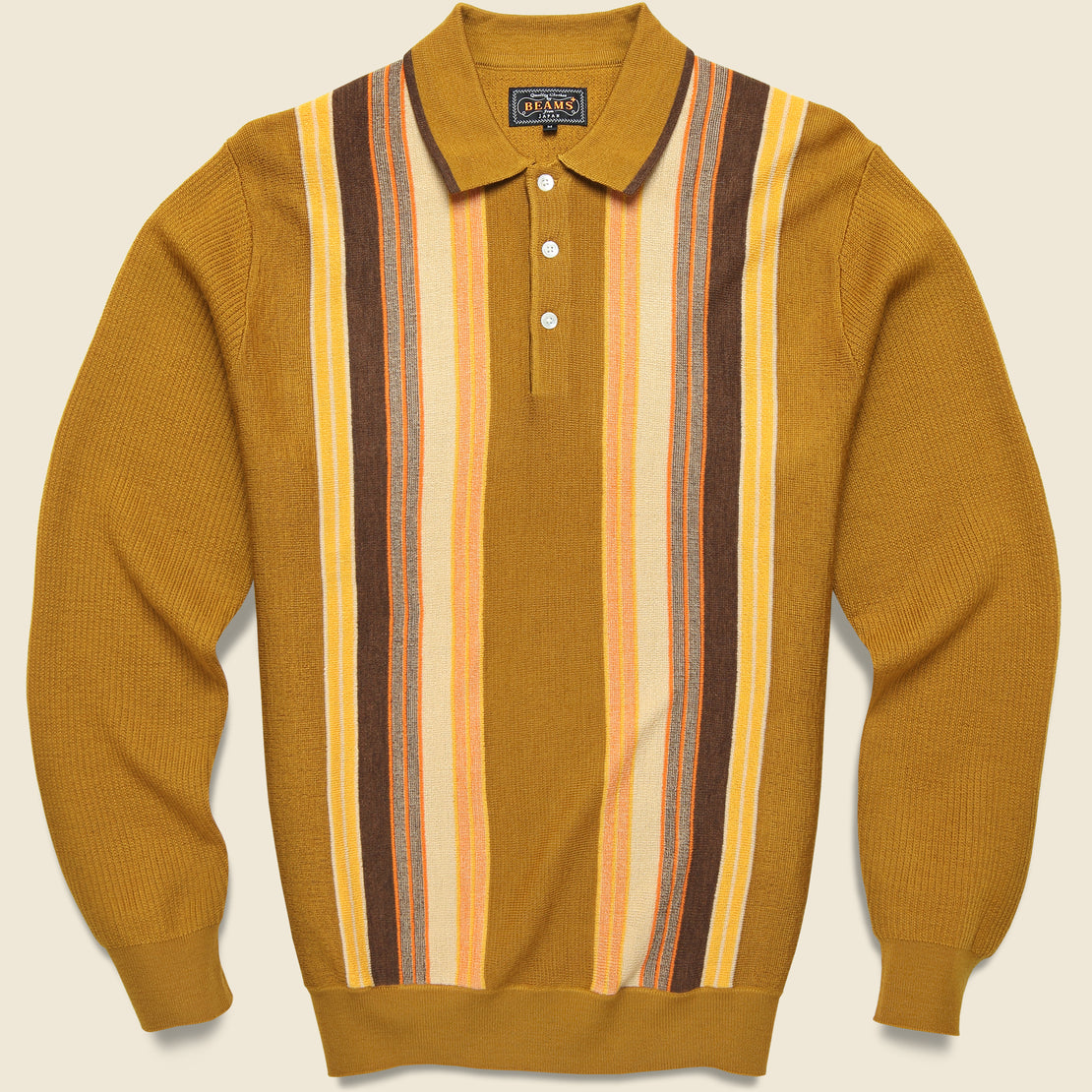BEAMS+ Striped Knit Sweater Polo - Mustard