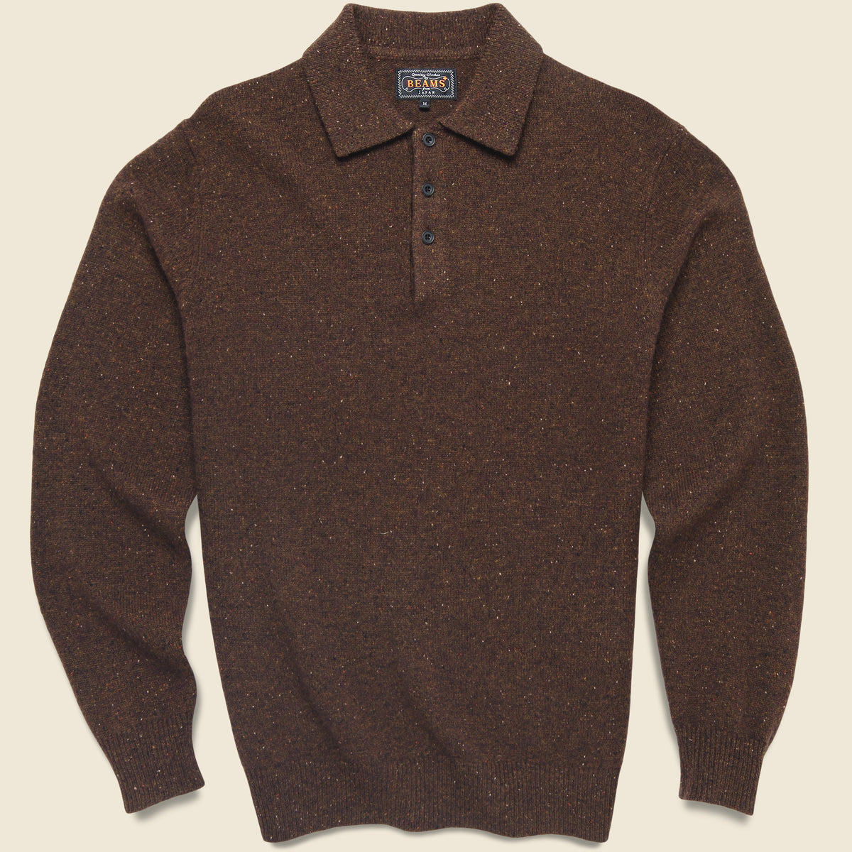 BEAMS+ Knit Polo in Brown featuring a soft merino wool knit, three-button placket, and classic collar.