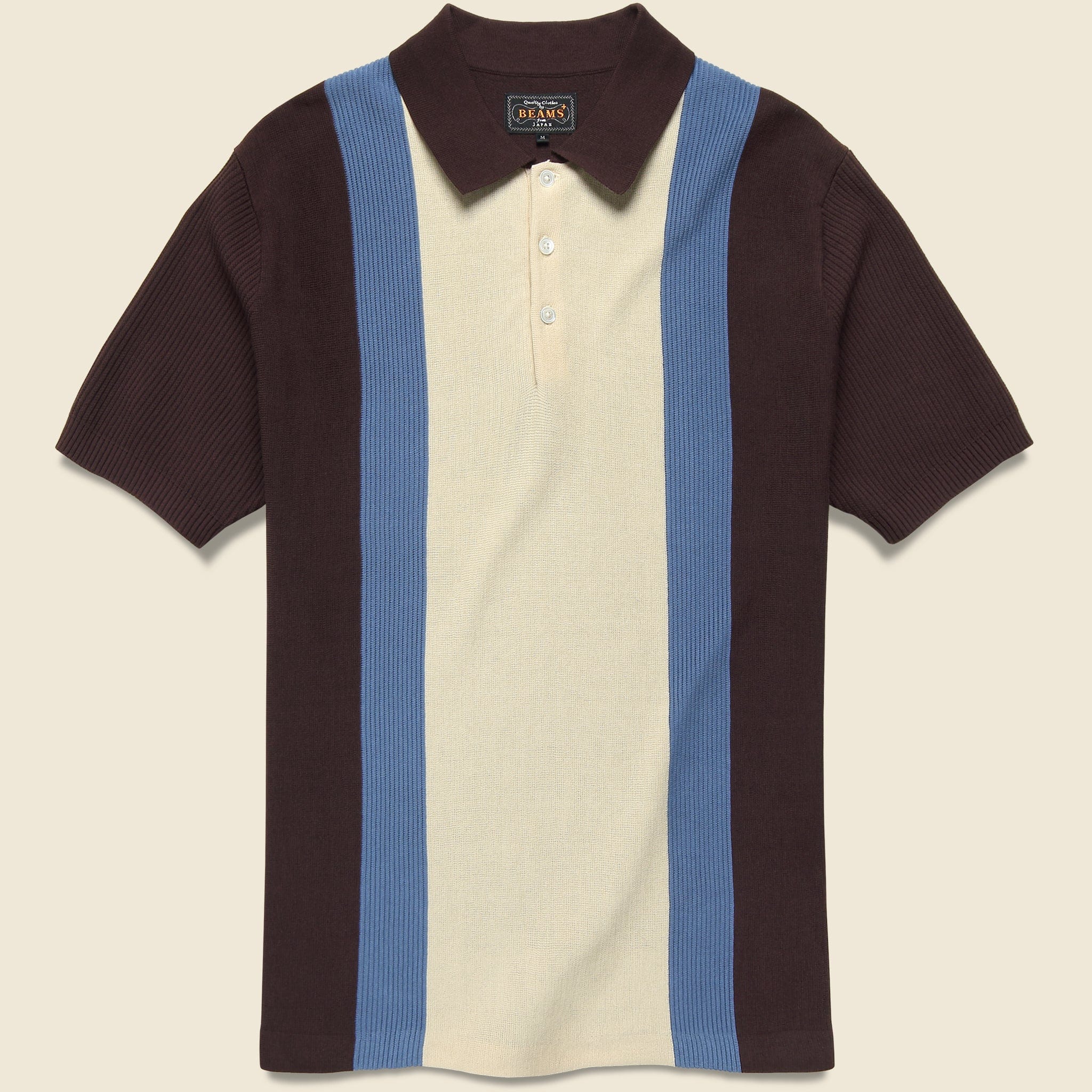 Striped Knit Polo - Brown/Sax/Ecru - BEAMS+ - STAG Provisions - Tops - S/S Knit