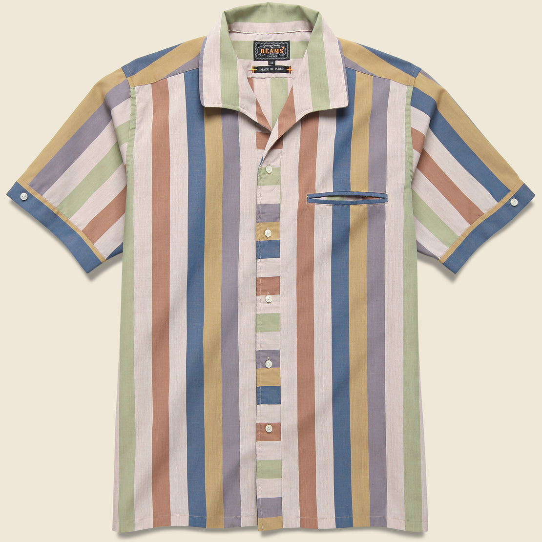 BEAMS+ Italian Collar Multi Stripe Shirt - Beige Stripe/Multi