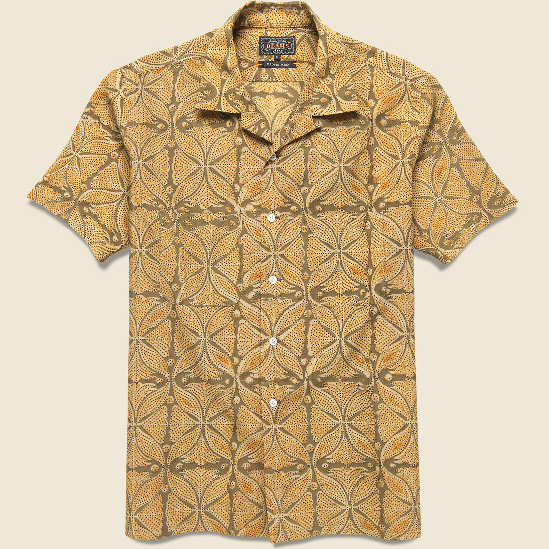 BEAMS+ Open Collar Floral Block Print Shirt - Khaki