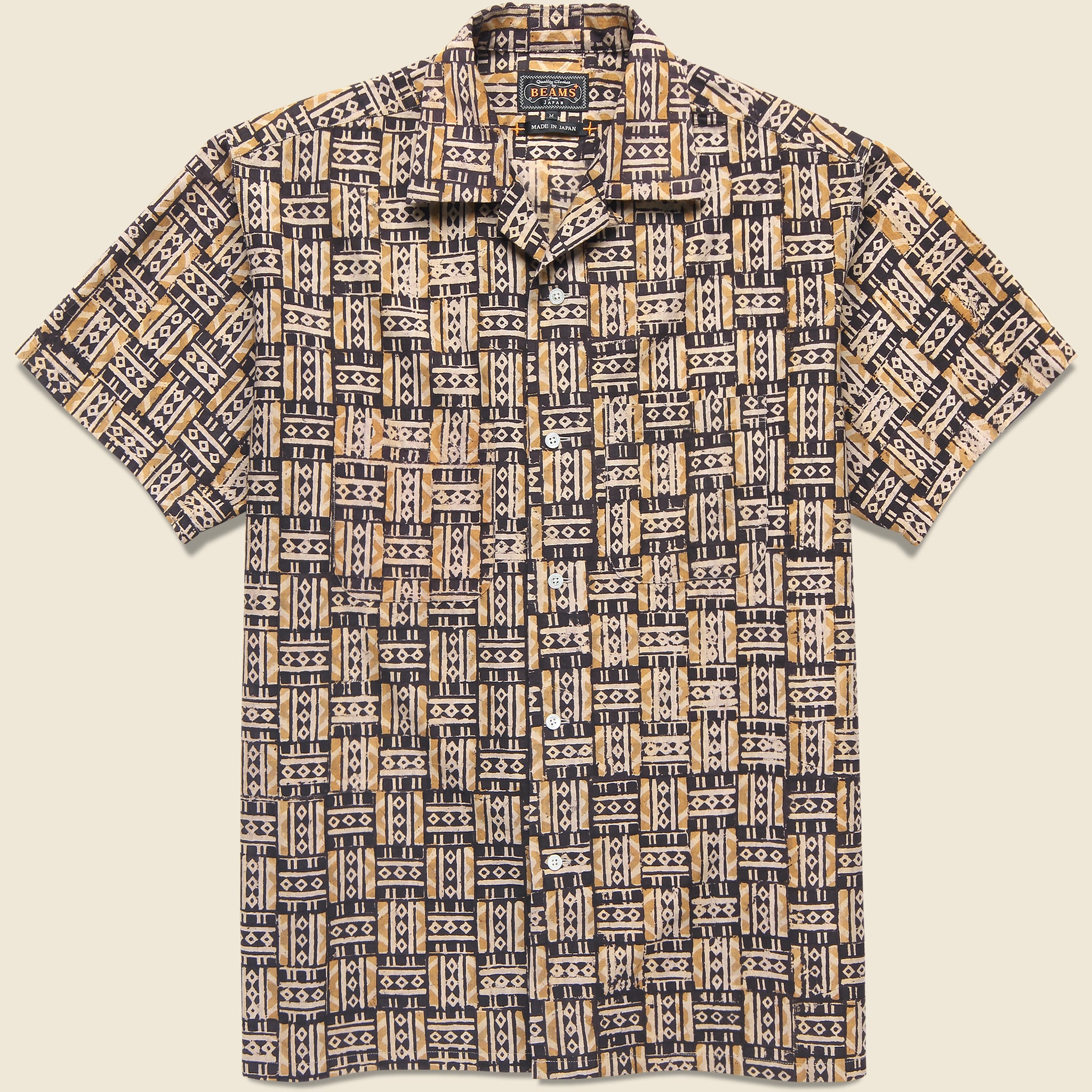Open Collar Grid Block Print Shirt - Orange