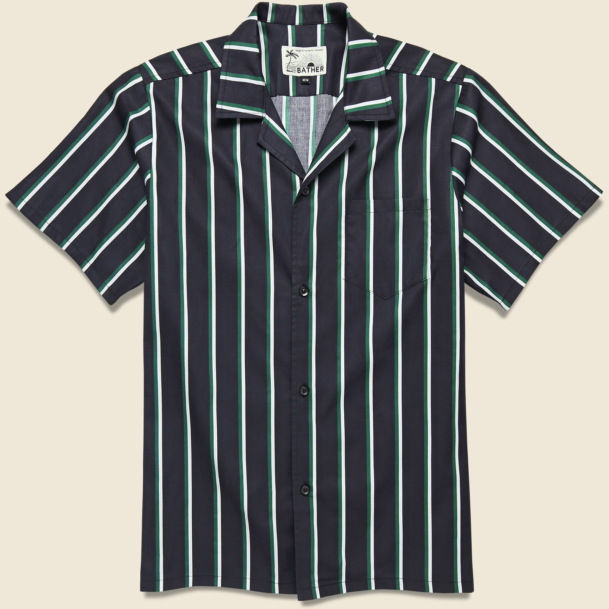 Fine Stripe Camp Shirt - Black/Green/White - Bather - STAG Provisions - Tops - S/S Woven - Stripe