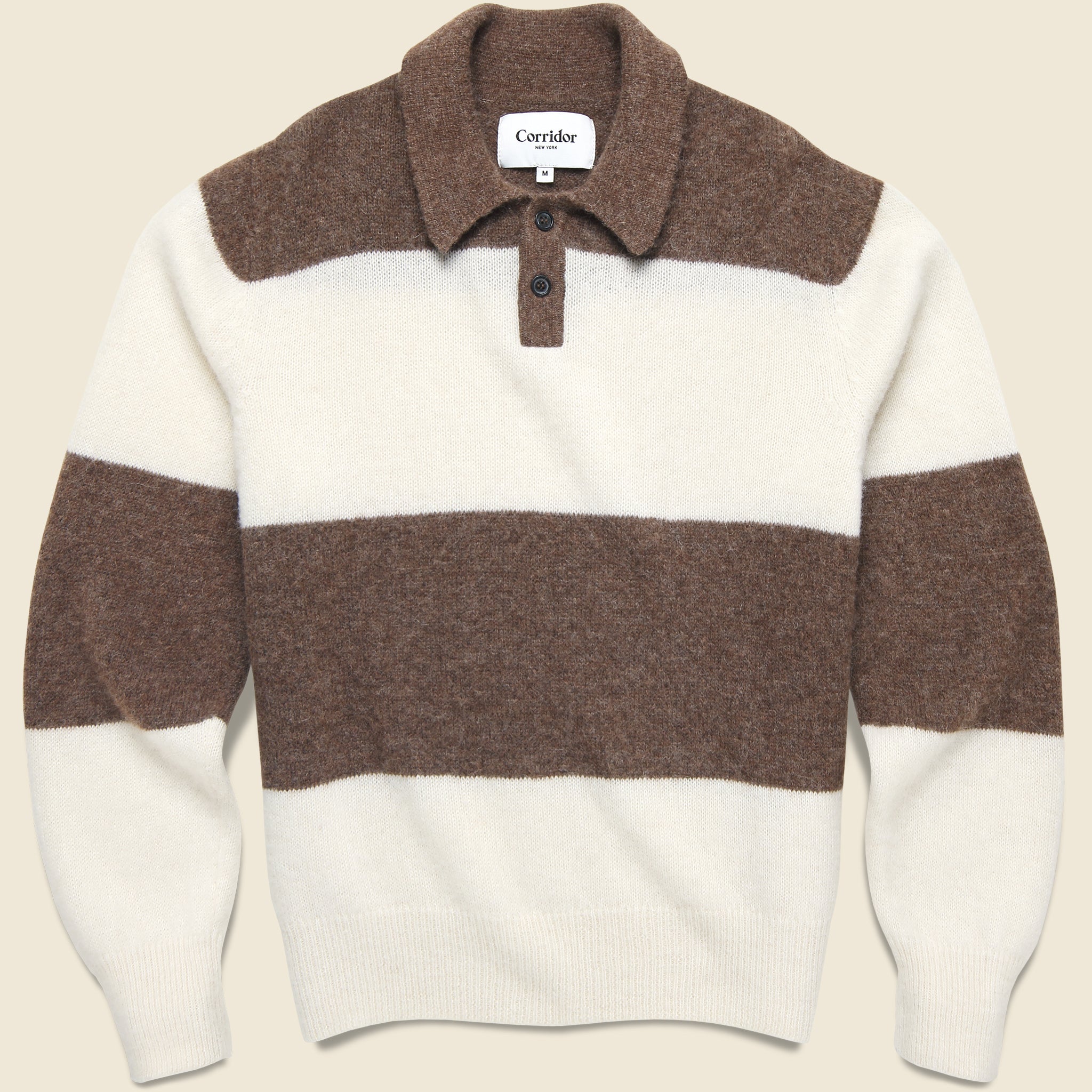 Striped Brushed Knit Rugby Polo - Brown/White