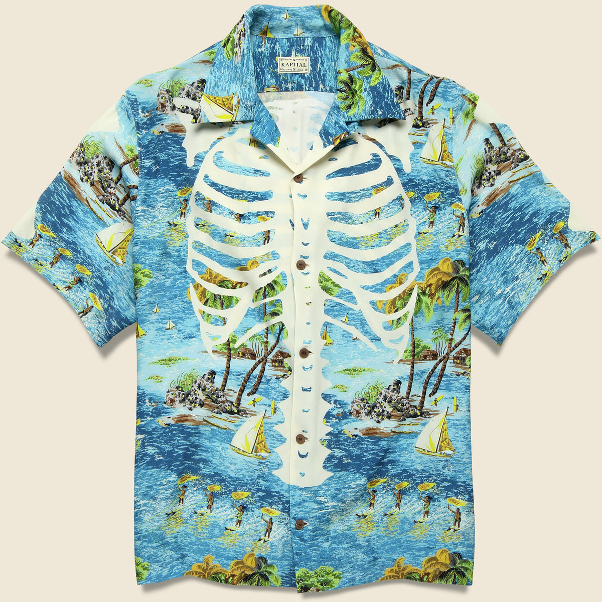 Rayon Kamekameha Bone Aloha Shirt - Blue