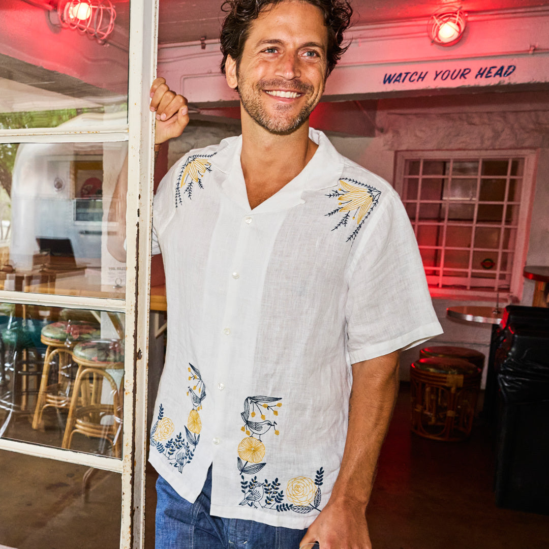 Bird Embroidery Camp Shirt - White - Portuguese Flannel - STAG Provisions - Tops - S/S Woven - Floral