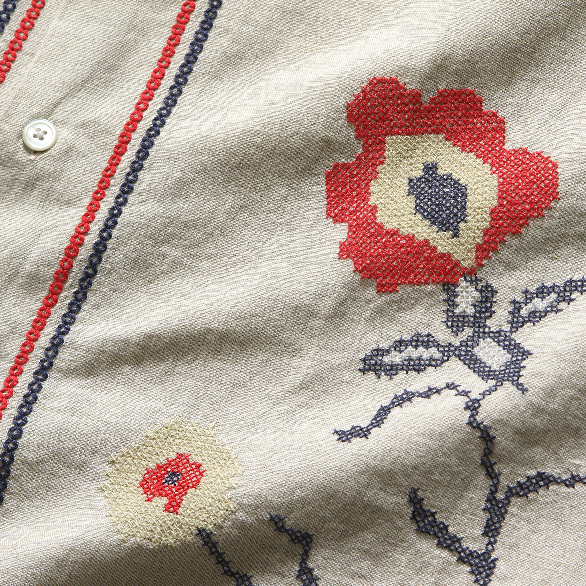 
                          Cross Stitch Camp Shirt - Ecru
                        