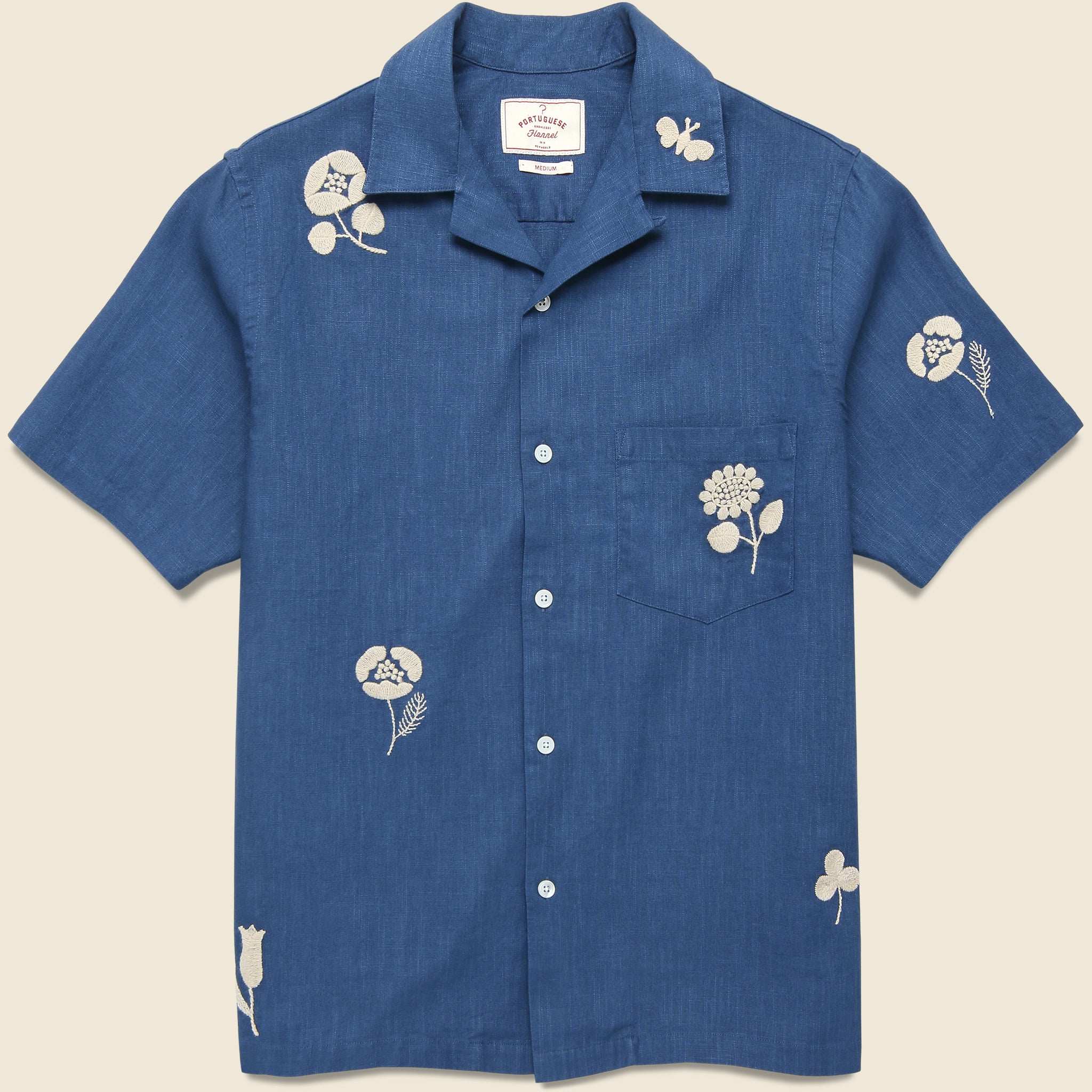 Embroidered Ramie Camp Shirt - Blue - Portuguese Flannel - STAG Provisions - Tops - S/S Woven - Floral