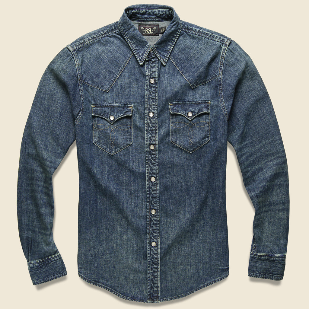 Slim Fit Denim Western Shirt - Dark Wash