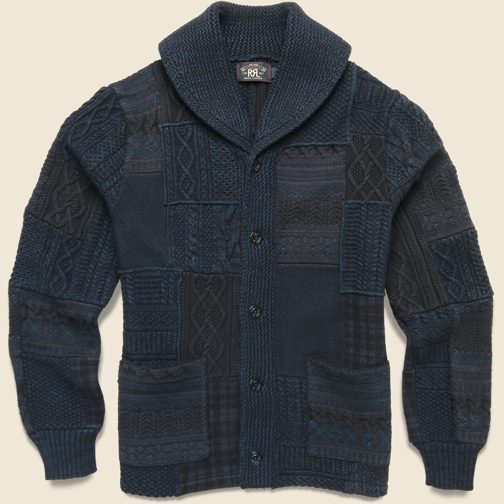 Indigo Patchwork Shawl Cardigan - Blue / Black - RRL - STAG Provisions - Tops - Sweater