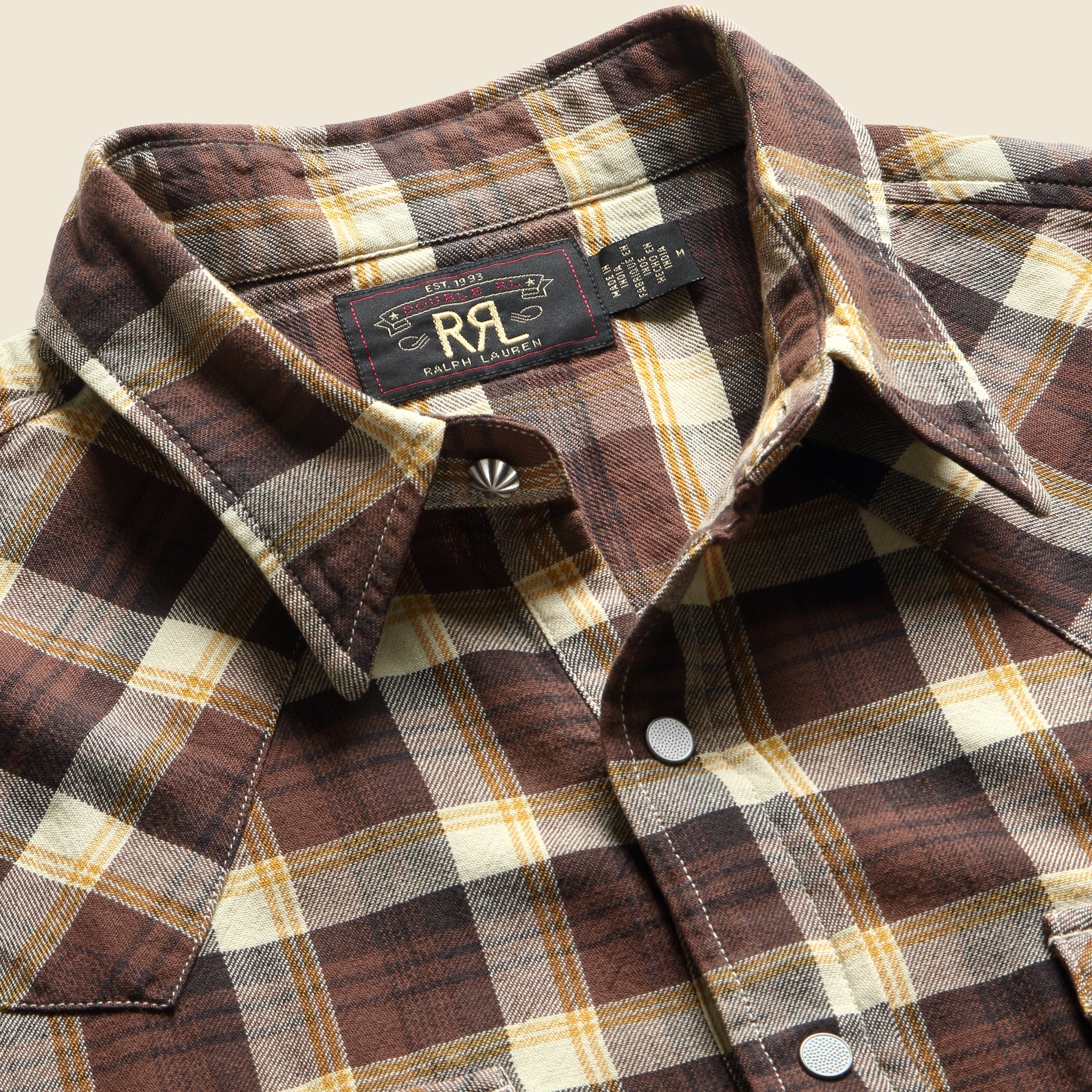 brown plaid dress shirt Split Men's Brown Plaid Shirt Size L Button-up Snaps Pockets Short Sleeves