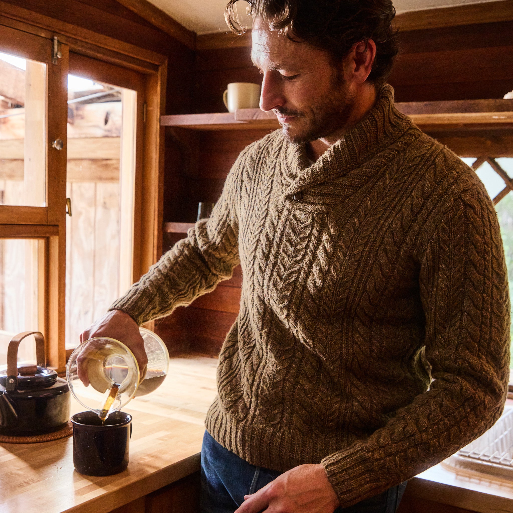 
                          Cable Knit Shawl Sweater - Brown - RRL - STAG Provisions - Tops - Sweater
                        