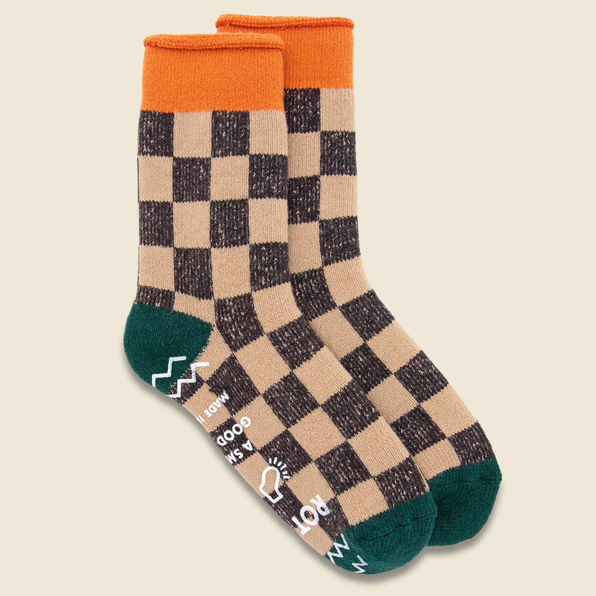 Checkerboard Pile Room Sock - Light Orange/Dark Green - RoToTo - STAG Provisions - Accessories - Socks