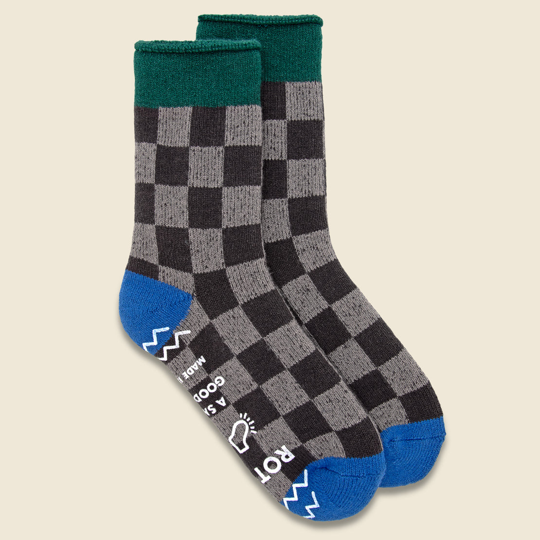 RoToTo Checkerboard Pile Room Sock - Dark Green/Blue