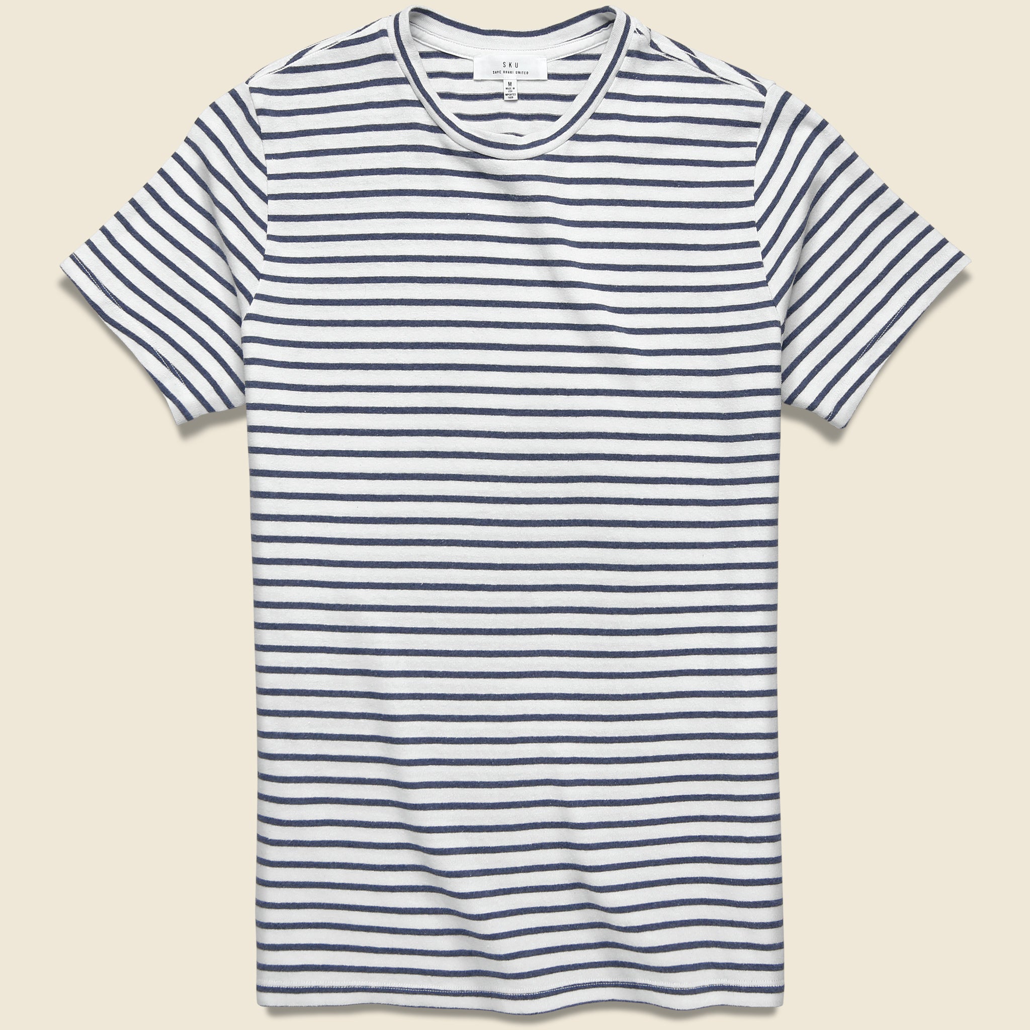 Hemp Stripe Crew Tee - White/Marine - Save Khaki - STAG Provisions - Tops - S/S Tee