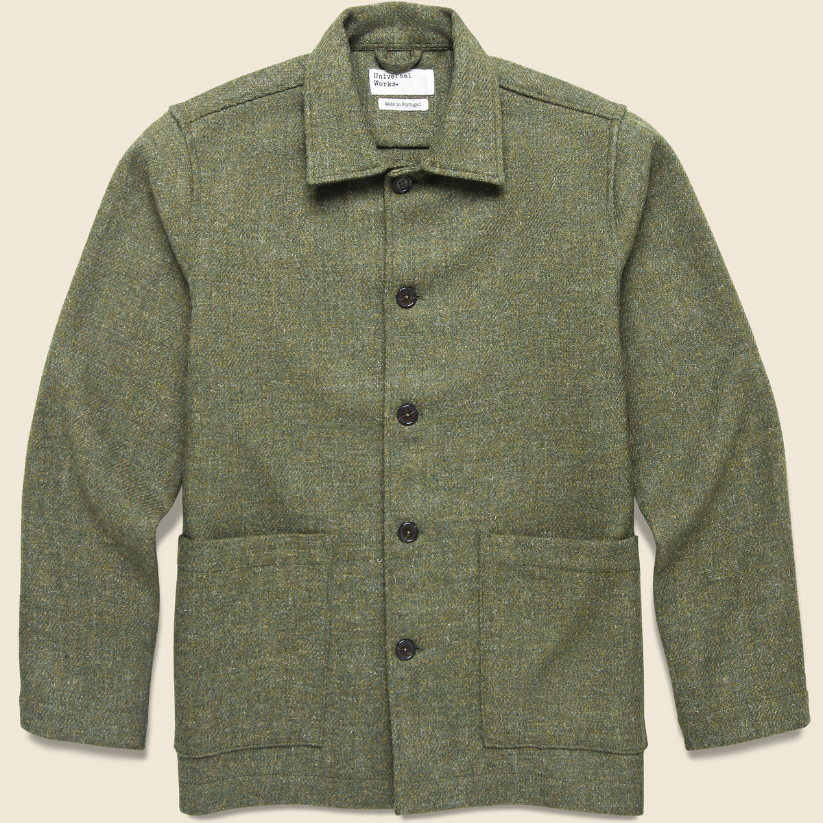 Universal Works Harris Tweed Easy Jacket in Olive featuring handwoven wool tweed, an unstructured silhouette, and patch pockets.