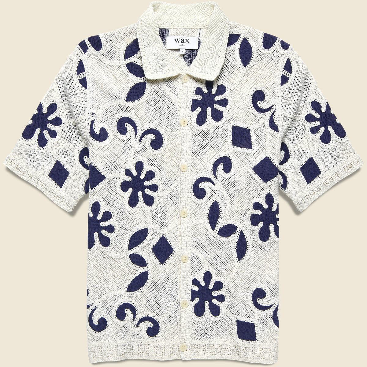 Wax London Porto Doodle Crochet Shirt in Ecru and Dark Blue featuring an intricate crochet pattern and relaxed fit.