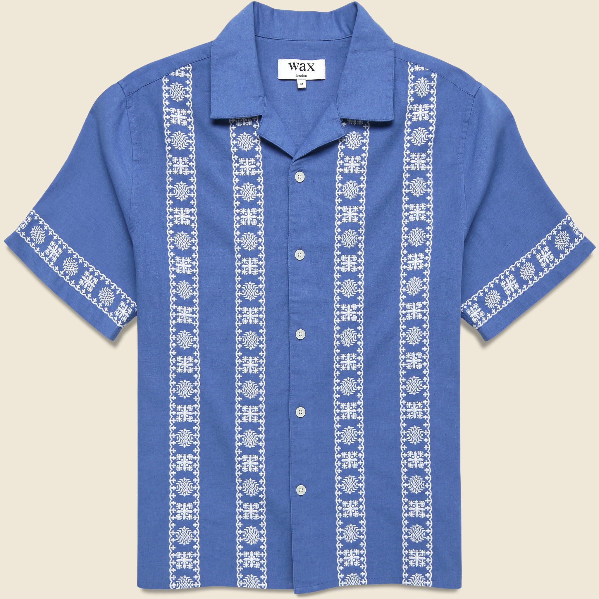 Wax London Placement Border Didcot Shirt in Blue and Ecru featuring a distinctive border pattern and relaxed fit.