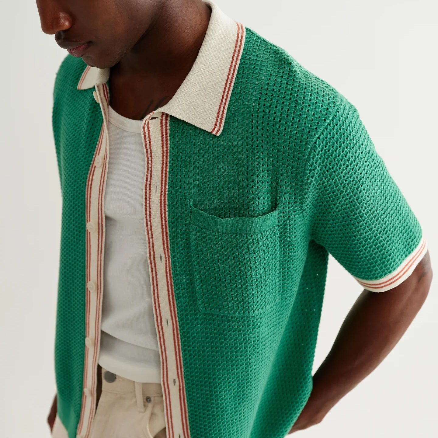 
                          Pointelle Belle Shirt - Green/Ecru
                        