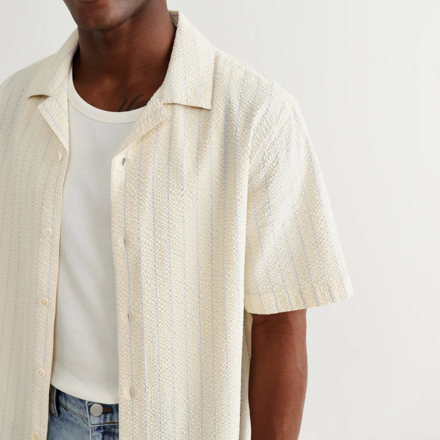 
                          Seersucker Stripe Didcot Shirt - Ecru/Blue
                        