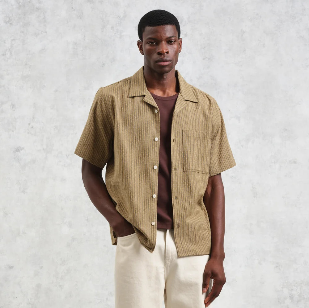 Slub Stripe Didcot Shirt - Khaki - Wax London - STAG Provisions - Tops - S/S Woven - Other Pattern