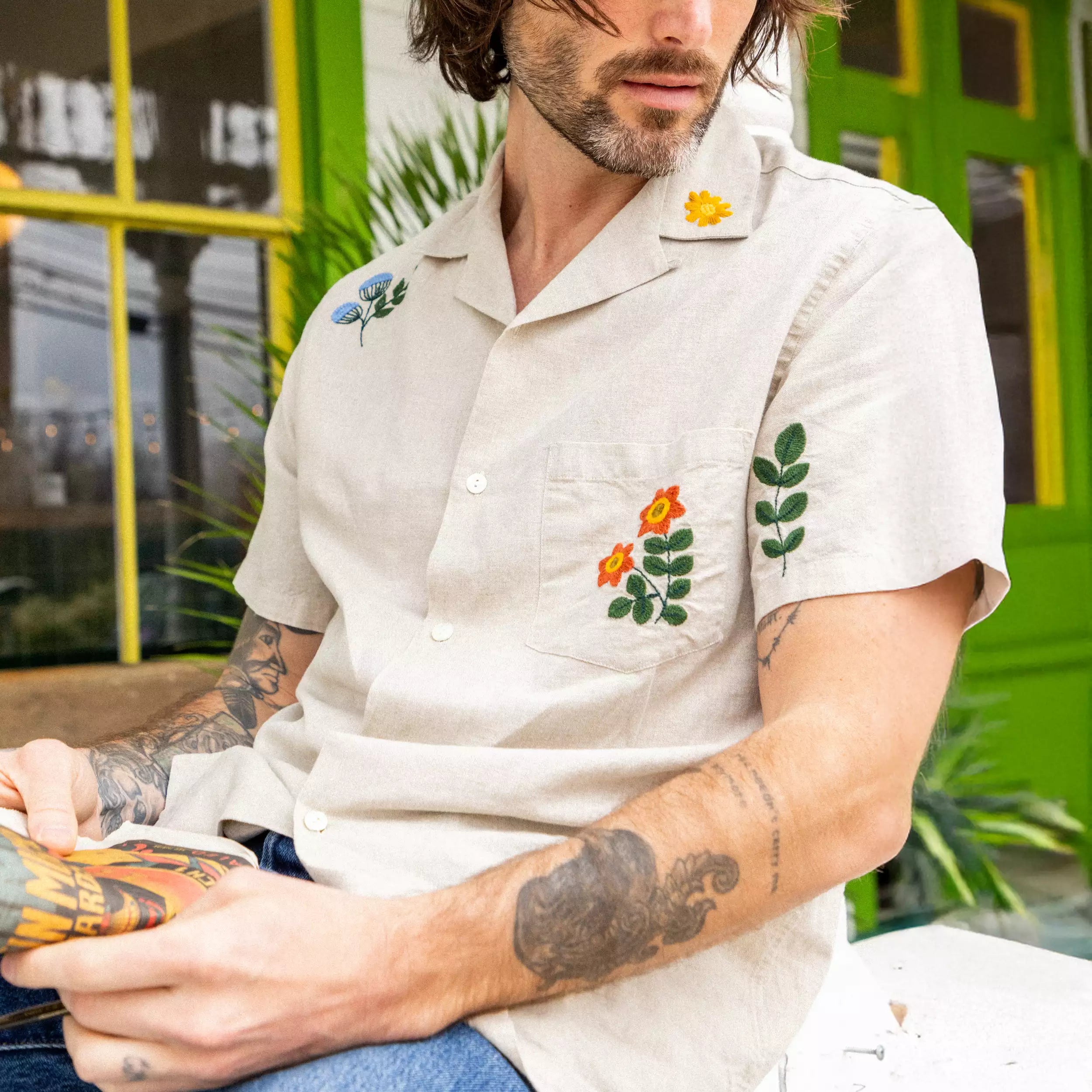 Embroidered Spring Camp Shirt - Natural - Portuguese Flannel - STAG Provisions - Tops - S/S Woven - Floral