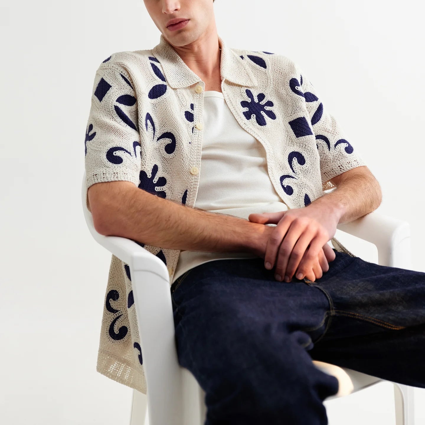 
                          Porto Doodle Crochet Shirt - Ecru/Dark Blue
                        