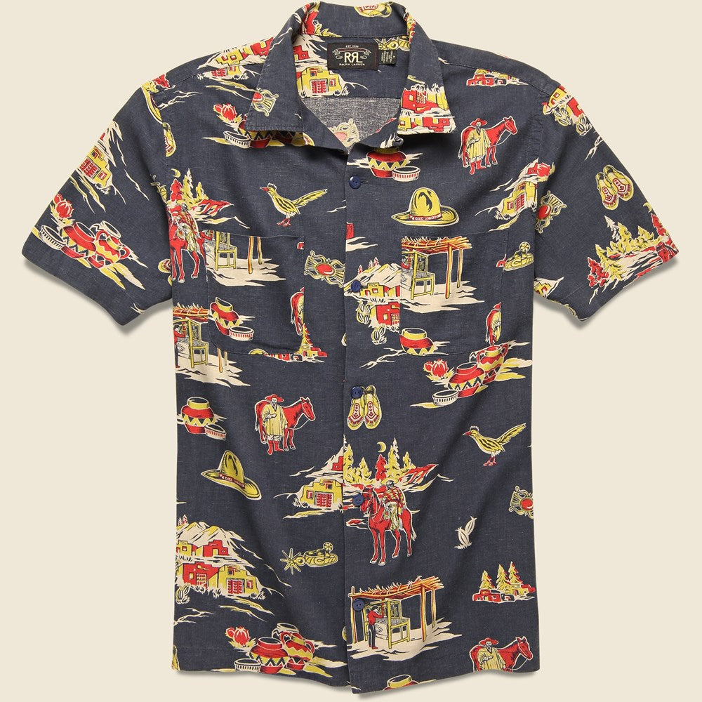 Print Linen-Blend Camp Shirt - Indigo - RRL - STAG Provisions - Tops - S/S Woven - Other Pattern