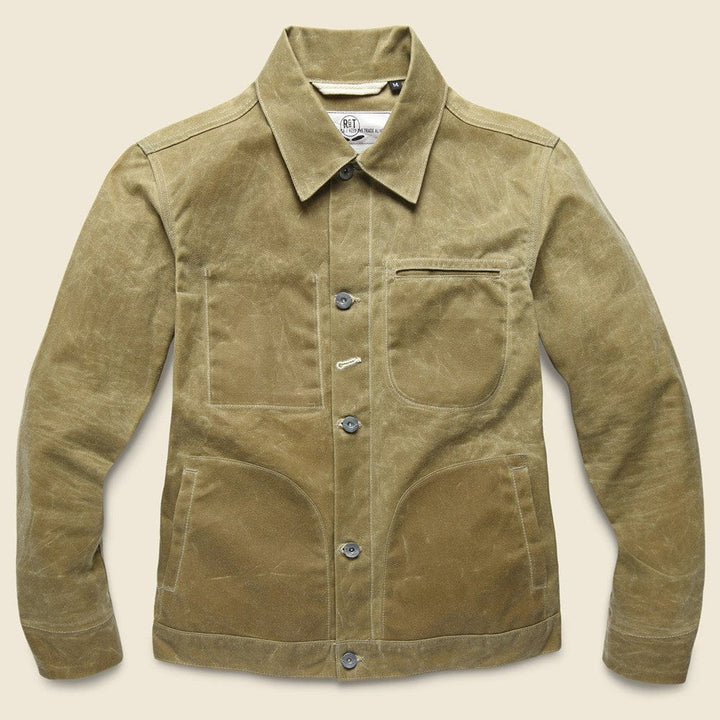 Classic men’s denim jacket from STAG Provisions layered over a white T-shirt for an effortless date night look.