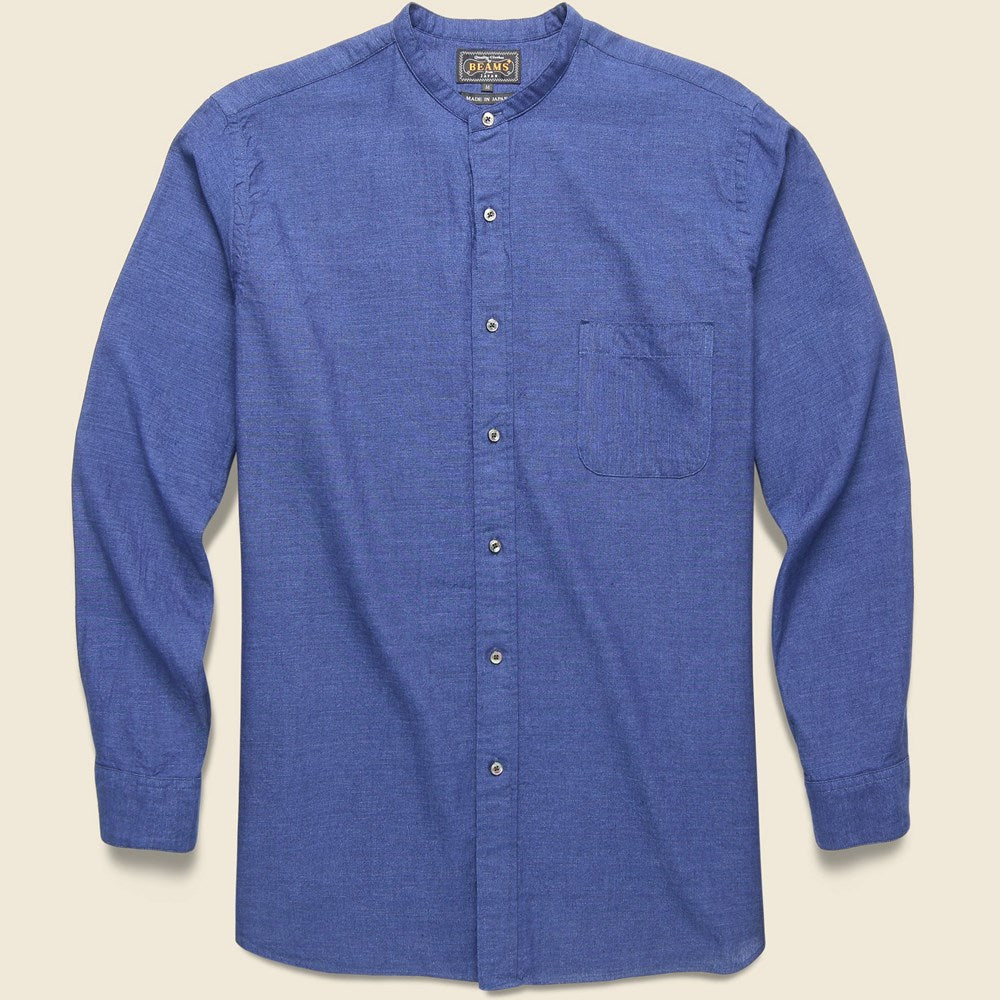 Band Collar Classic Fit Chambray Shirt in Indigo featuring lightweight chambray fabric and a timeless classic fit.