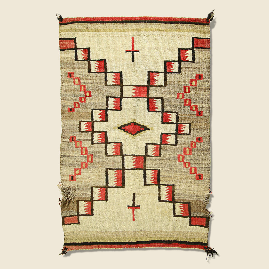 Vintage Hand-Woven Navajo Wool Rug - Red/Cream
