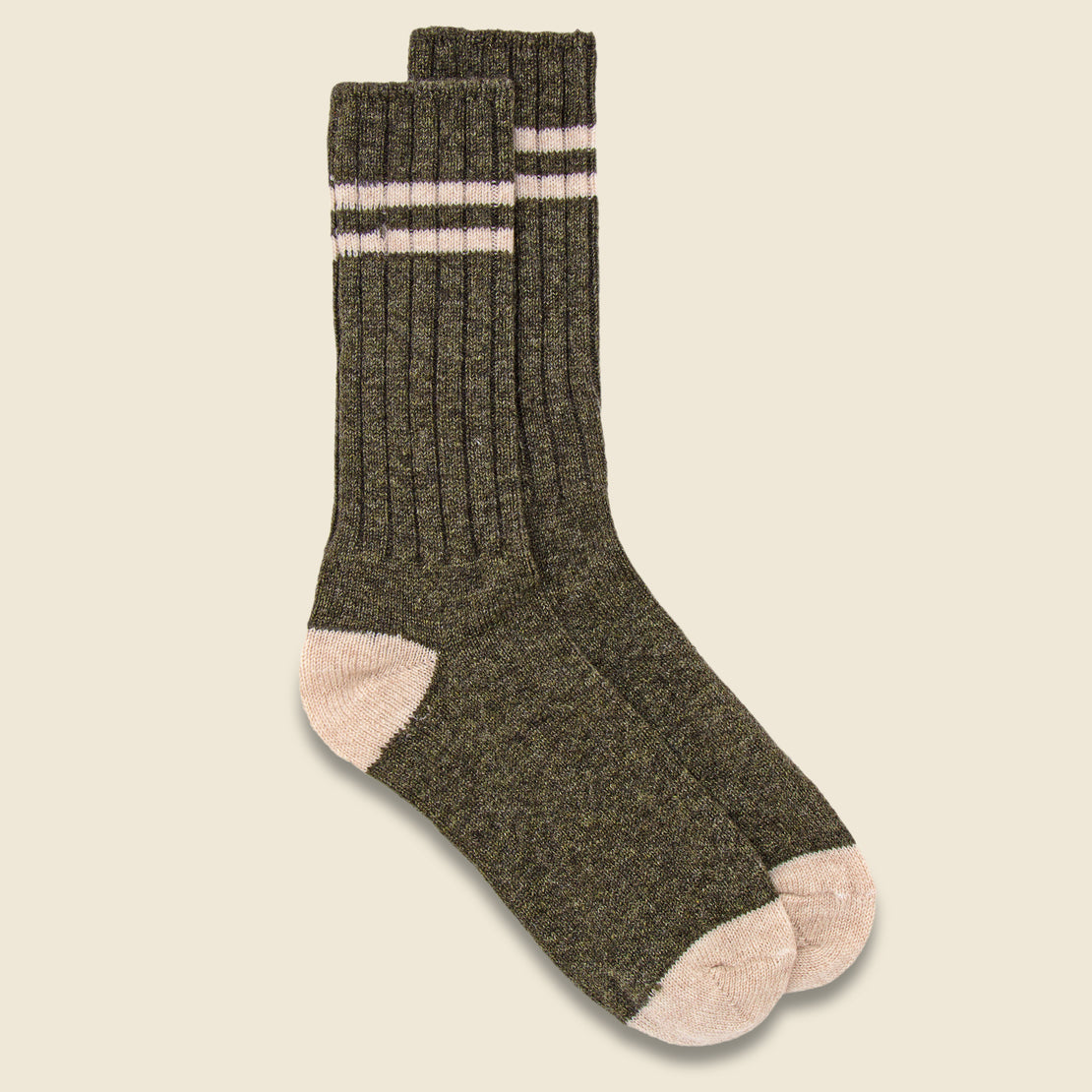 American Trench Cashmere Double Stripe Crew Sock - Moss/Natural