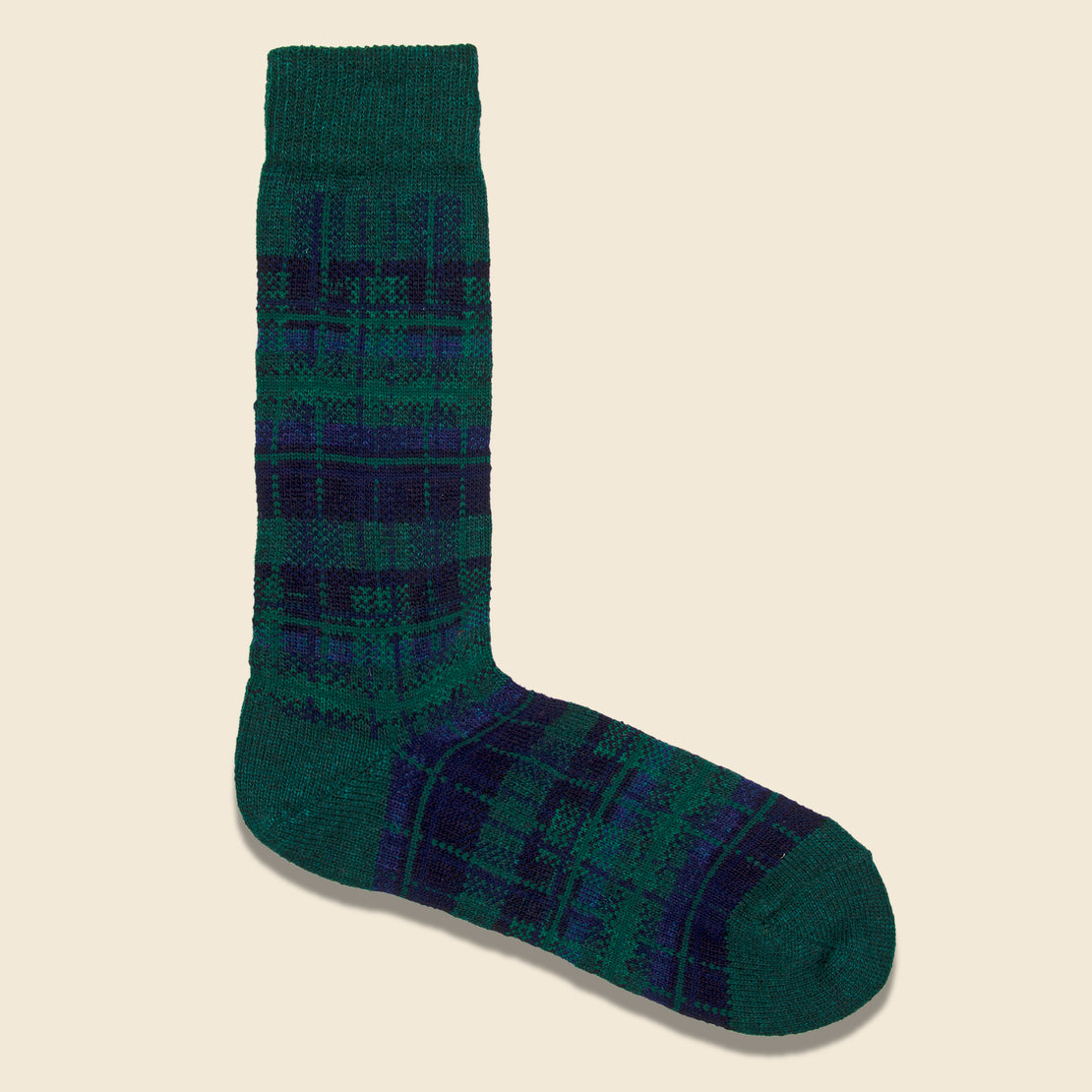 Anonymous Ism Wool Check Crew Sock - Moss Green