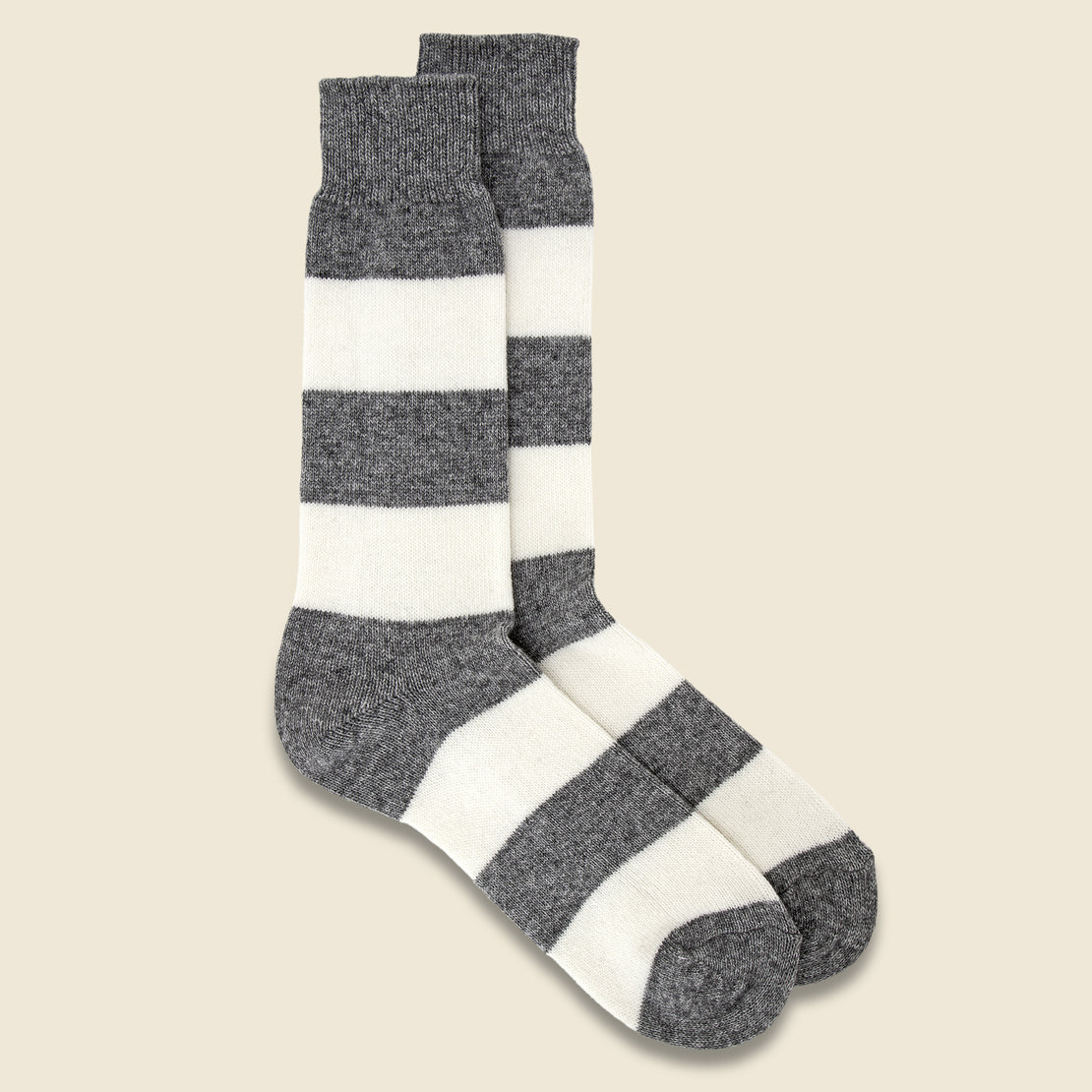 Anonymous Ism Wool Cashmere Stripe Crew Sock - White/Grey