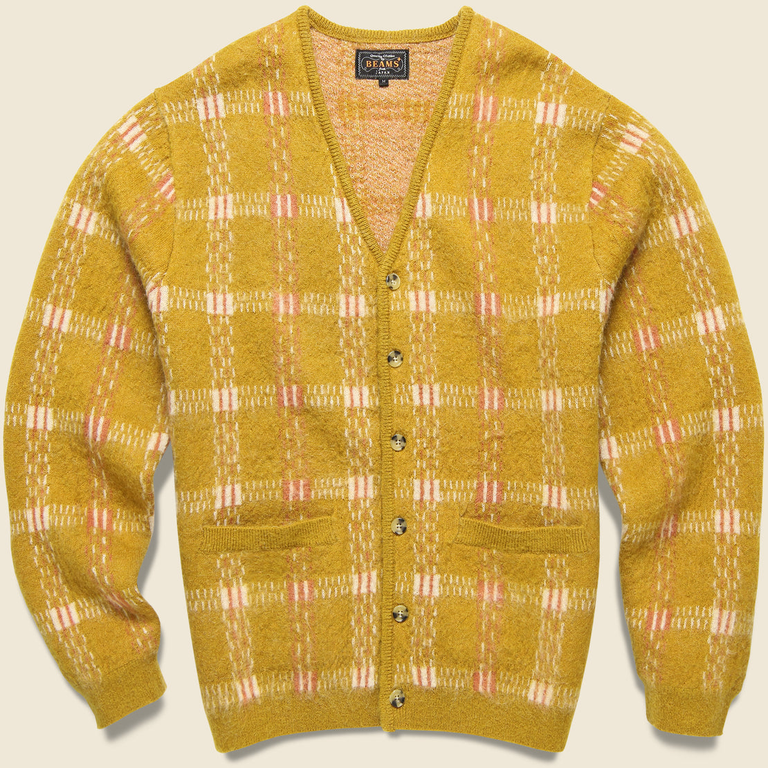 BEAMS+ Check Pattern Mohair Cardigan - Mustard