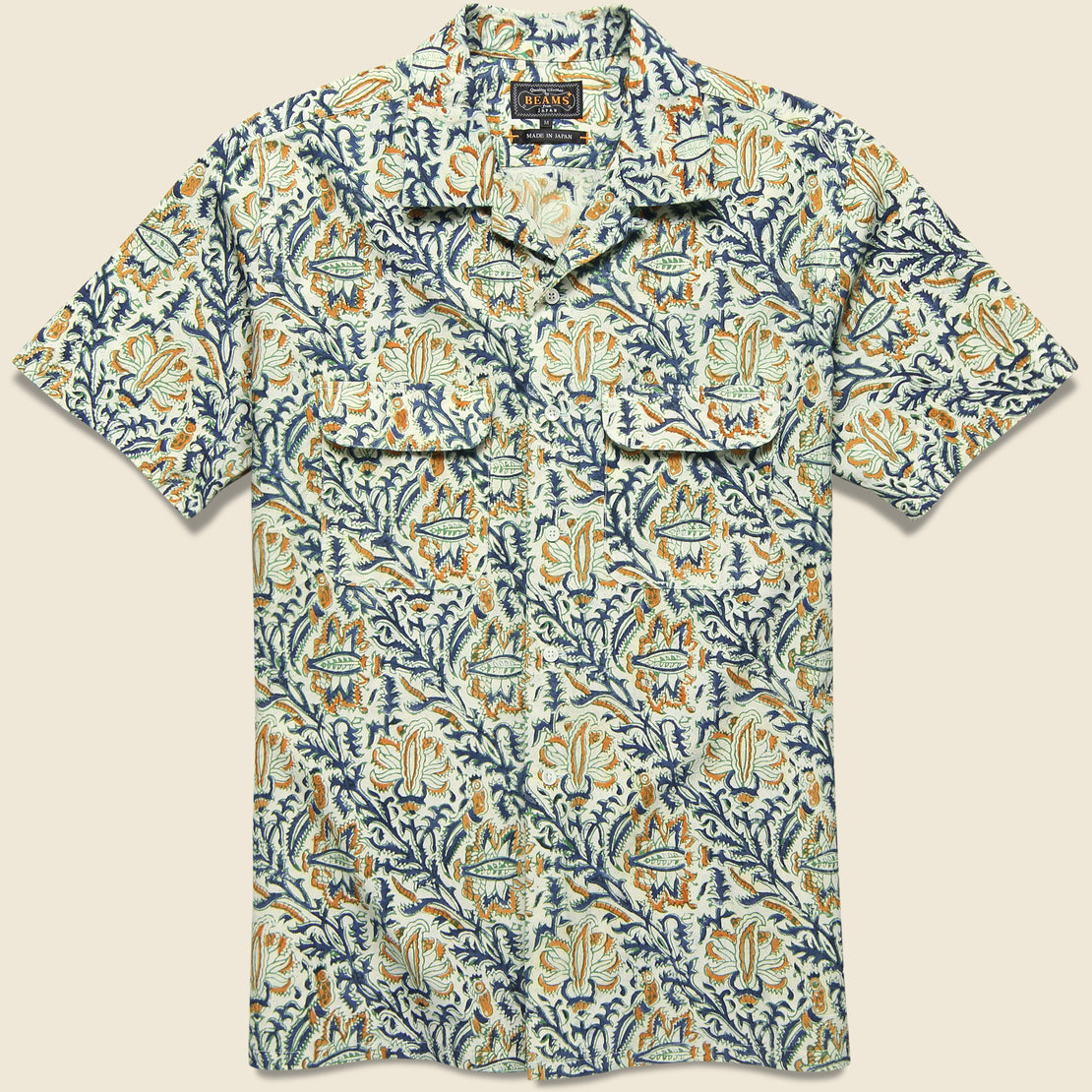 BEAMS+ Open Collar Short Sleeve Botanical Block Print Shirt - White
