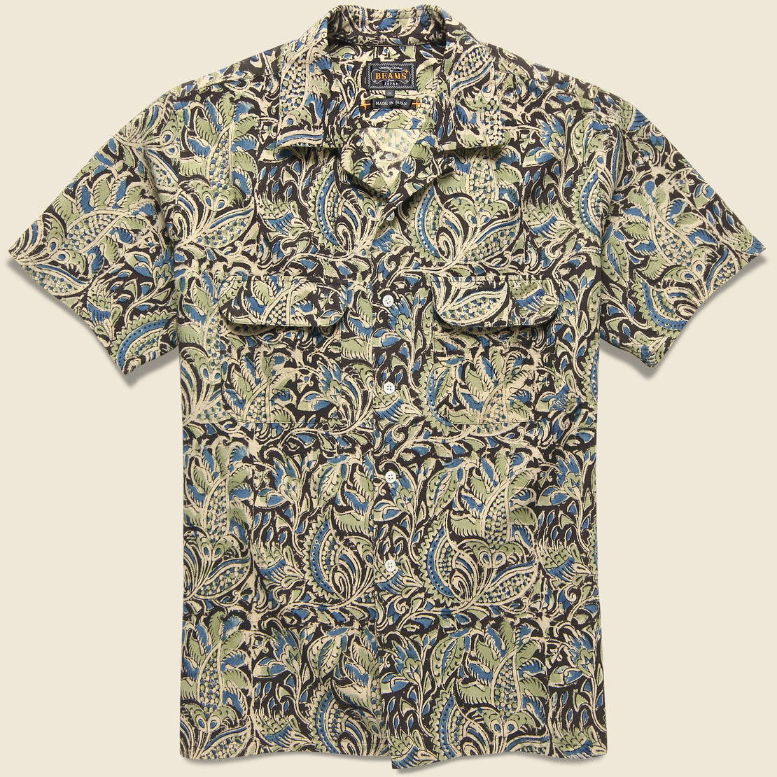 BEAMS+ Open Collar Short Sleeve Botanical Block Print Shirt - Black