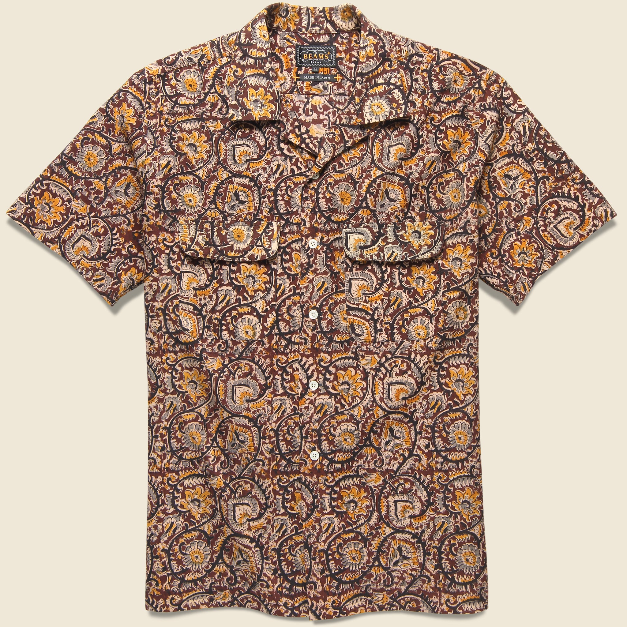 Open Collar Short Sleeve Botanical Block Print Shirt - Brown - BEAMS+ - STAG Provisions - Tops - S/S Woven - Floral