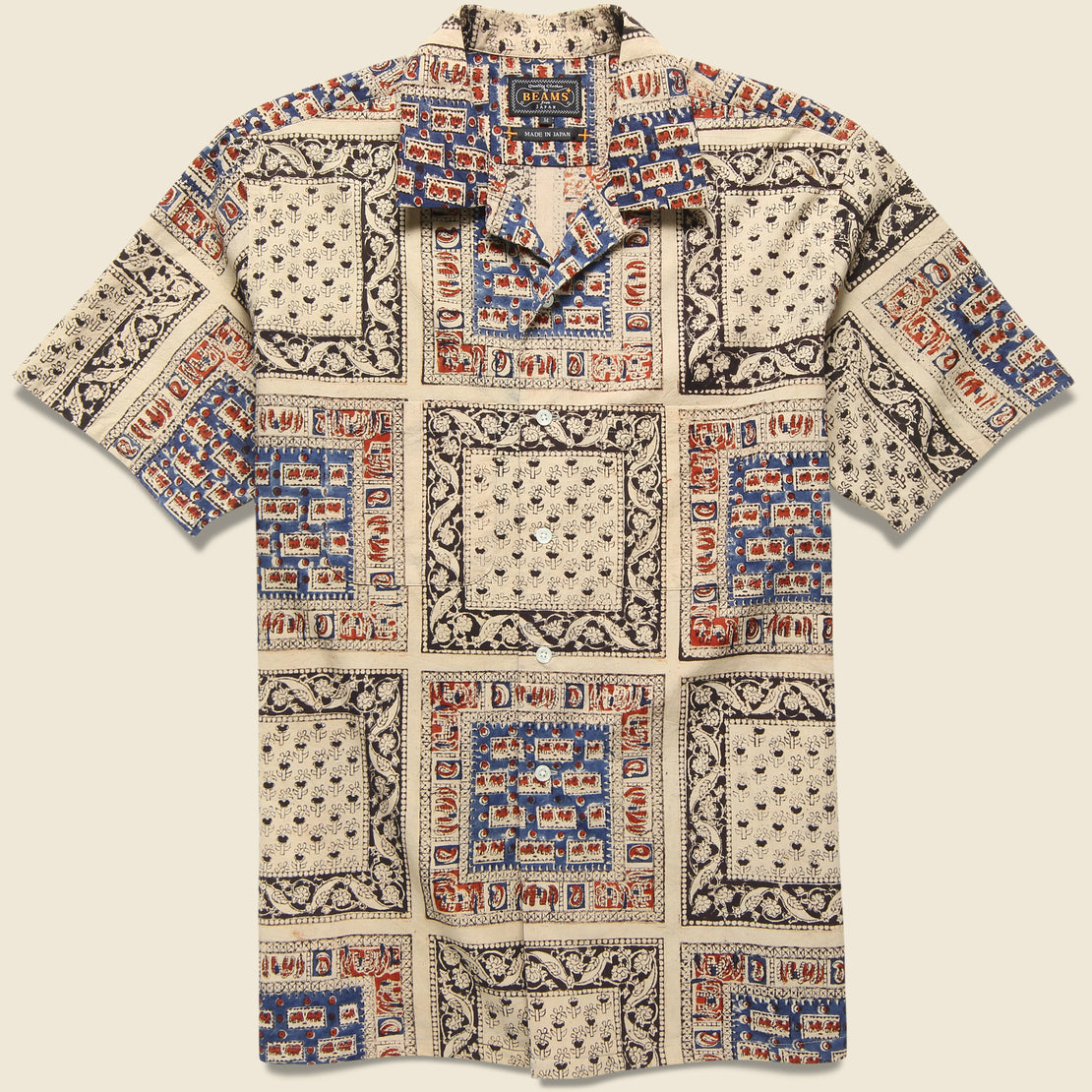 BEAMS+ Open Collar Short Sleeve Elephant Block Print Shirt - Navy