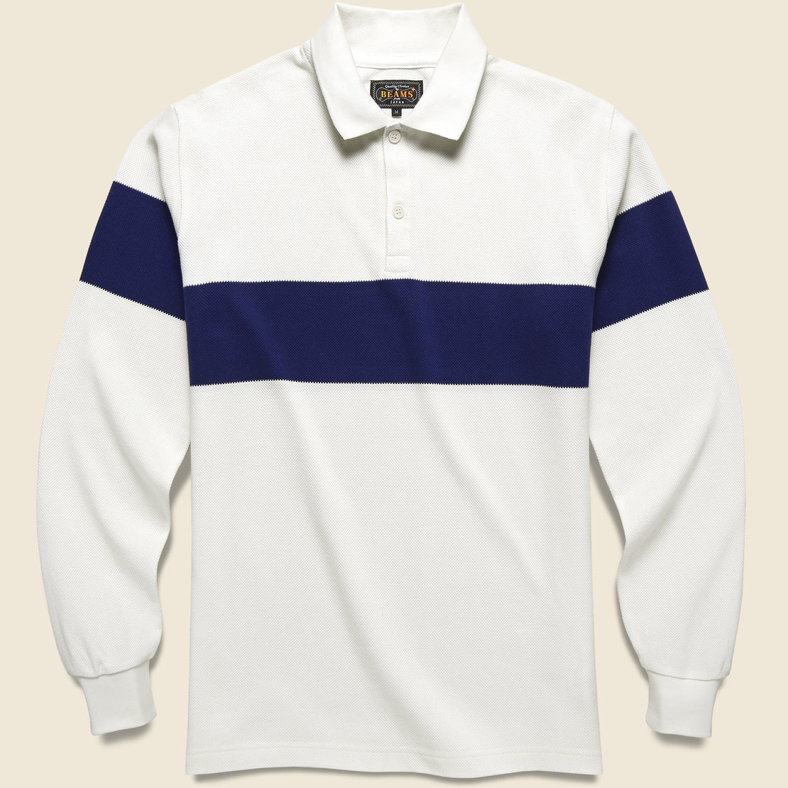 BEAMS+ Pique Polo Panel Stripe - White/Navy
