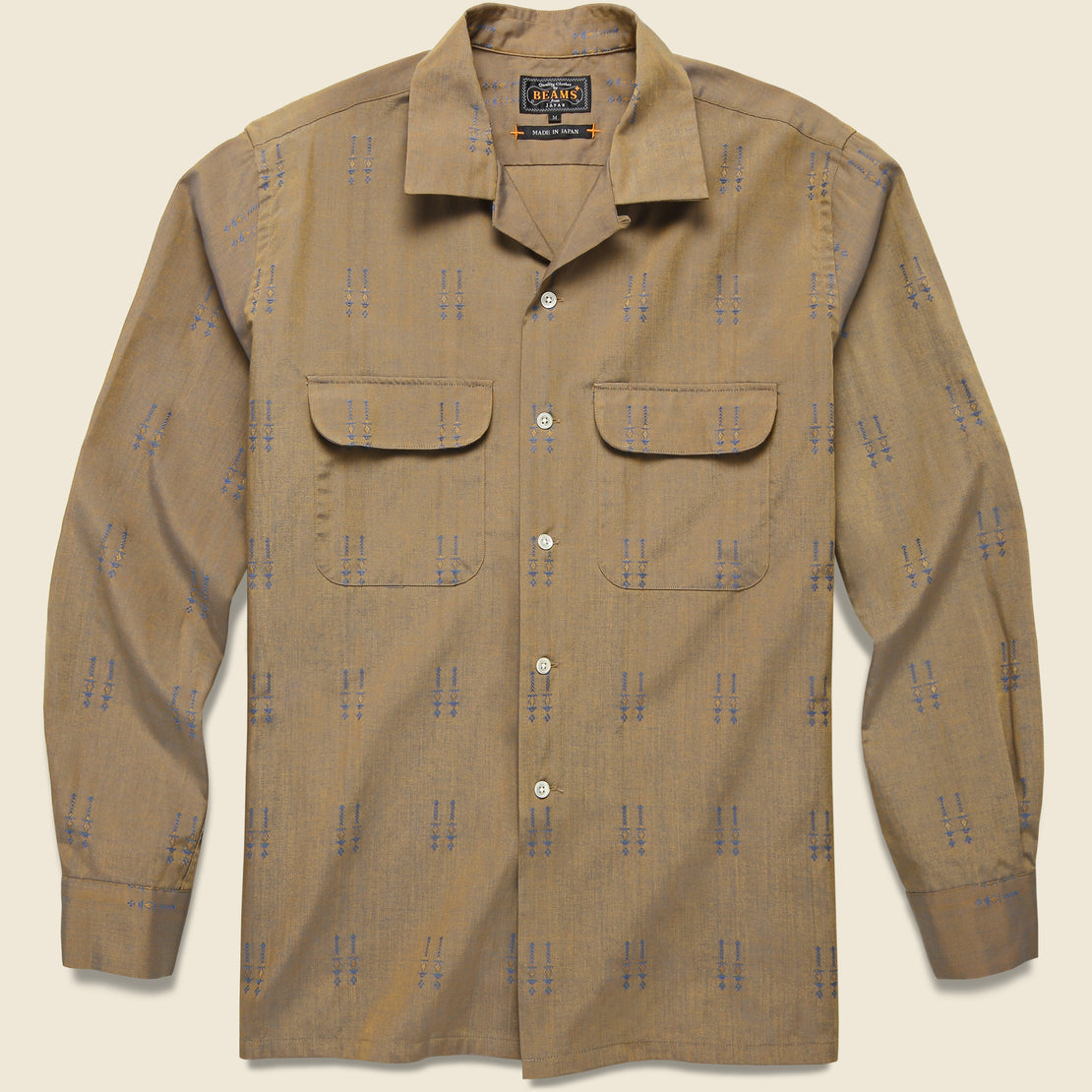 Open Collar T/C Jacquard Chambray Shirt - Khaki