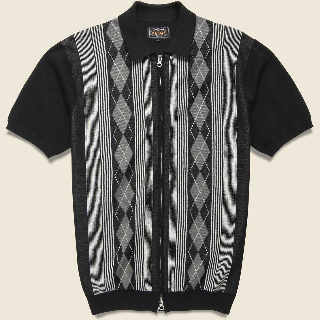 BEAMS+ Zip Knit Polo - Black/White
