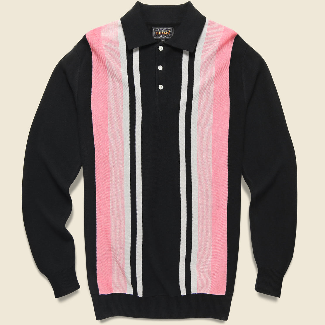 BEAMS+ Striped Knit Polo - Black/Pink/White